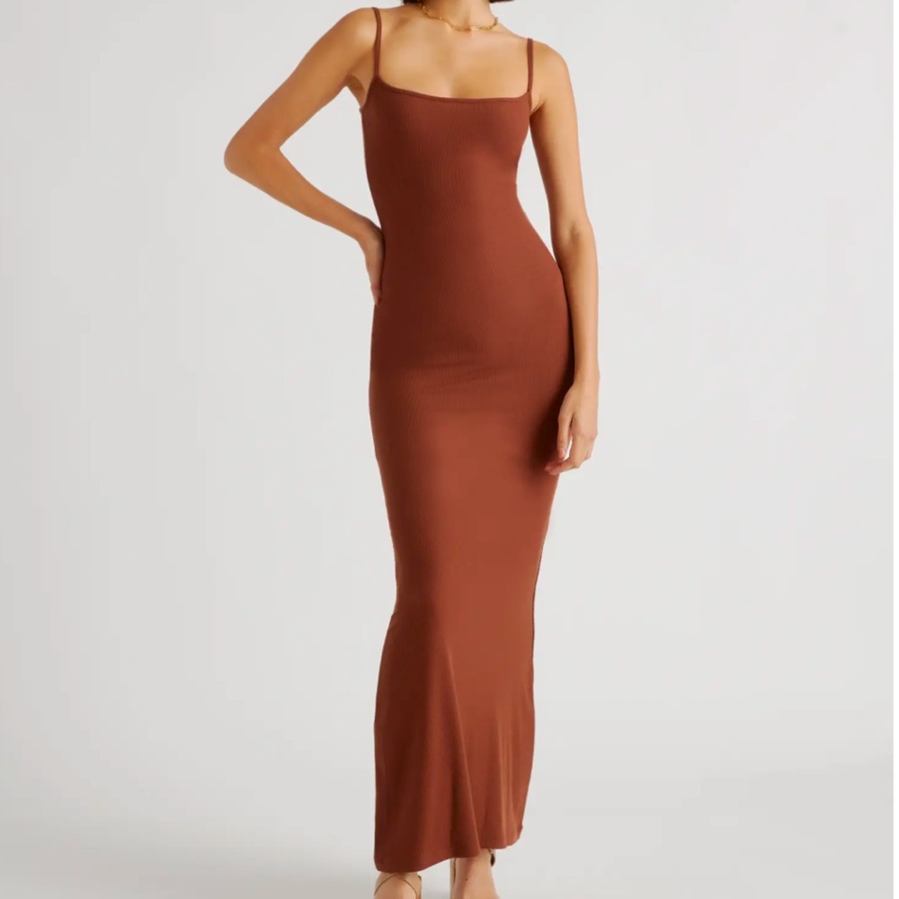 Quince tencel rib knit maxi slip dress in brown